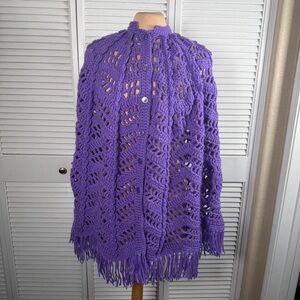Vintage Purple Crochet Cape / Shawl with Fringe – Boho Statement Piece
